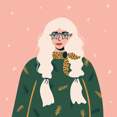 Blonde beautiful woman In Christmas sweater. Cosy vector illustration is suitable for a New Year card, poster, print.