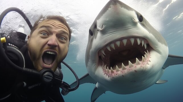 A male taking underwater selfie with shark. The surprised man is running, Lion chasing the man. Wild animals.