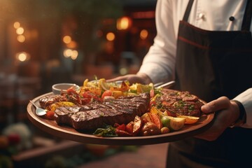 Barman holding plate with delicious grilled steak on blurred background, closeup