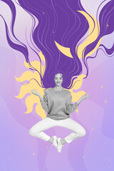 Creative colorful drawing collage poster of lady meditating yoga for healing soul astral magical...