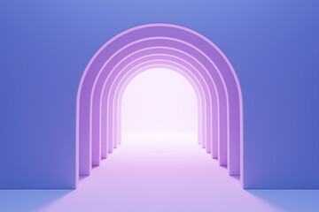 3D rendering. Beautiful geometric arch, gate, portal. Abstract geometric arch. Round hole, entrance to the wall with a purple  screen.