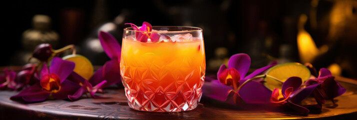 A Passionfruit Cocktail Featuring a Lime Twist Against a Background of Red Orchids