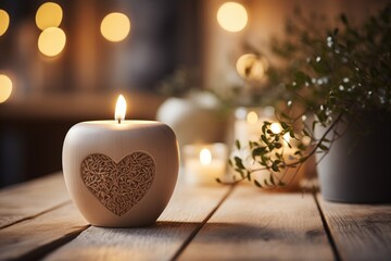 A delicately shaped heart candle positioned on a rustic wooden ledge