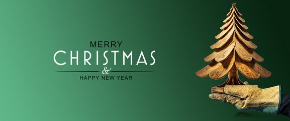 Hand with protective work glove holding a small wooden Christmas tree with a comet star on the top, on green background with text Merry Christmas & Happy New Year, copy space.