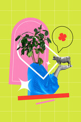 Creative poster collage of woman plant tree instead head hold cow veterinarian nature care freak...