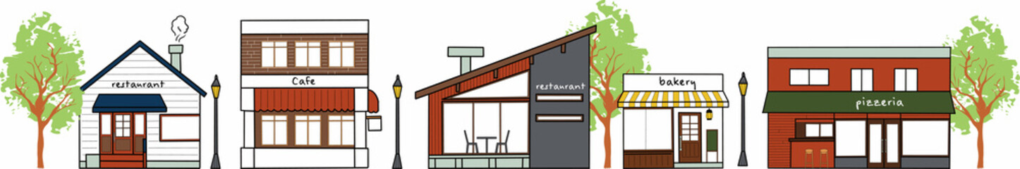 おしゃれなお店が並ぶ街並みのイラスト（カラー）
