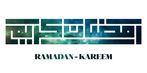 Square kufic calligraphy Ramadan Kareem isolated on white background. Ramadan Kareem means Ramadan...