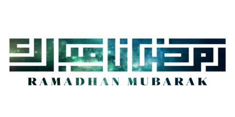 "Ramadan Kareem" in Arabic 'new style Kufic' script and serif English font framed with Islamic decorative ornament strapwork