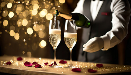 Kelner nalewa szampana z butelki do kieliszków stojących na drewnianym stole