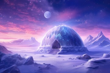 Igloo ice hotel on a snowy plain with sunset during magic winter night. Generative Ai.