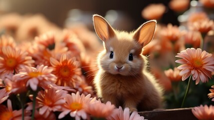 Cute Little Peachcolored Rabbit Flower Behind, HD, Background Wallpaper, Desktop Wallpaper