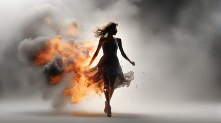 A modern abstract background with burst smoke with fire, in that fire a silhouette female model in a dress walking with confidence and unharmed
