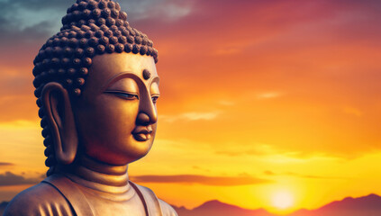 Large Buddha statue against a sunset background, banner with space for your text