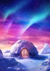 Poster Igloo ice hotel on a snowy plain with aurora borealis during magic winter night. Generative Ai. © annamaria