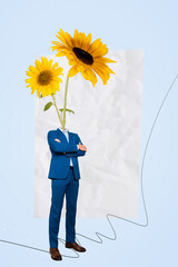 Collage image greeting card of faceless handsome nice man with flowers instead head isolated on creative background