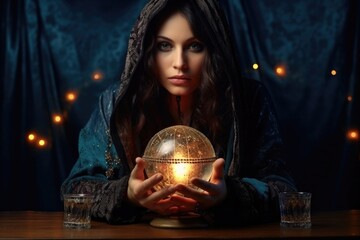 Woman fortune-teller with a crystal ball in her hands, predicts fate and the future