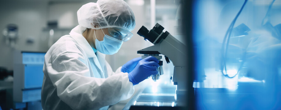 A girl scientist in a protective suit works with test tubes in a laboratory with a microscope