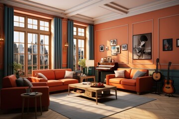 Vibrant peach fuzz color interior in a spacious and bright living room of a charming village house