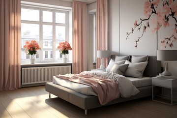 Scandinavian style bedroom with grey and peach colors, minimalist furniture, and pastel accents