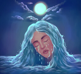 portrait illustration of a sad girl crying under the moon - 691895949