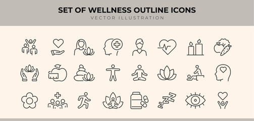 Set of Wellness outline icons related to healthcare, medical, medicine. Linear icon collection. Editable stroke. Vector illustration