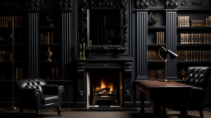 a black wall with intricate moulding patern, old english office - obrazy, fototapety, plakaty