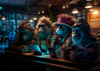 anthropomorphic human-like chimpanzees using smart phones, tablets and technology
