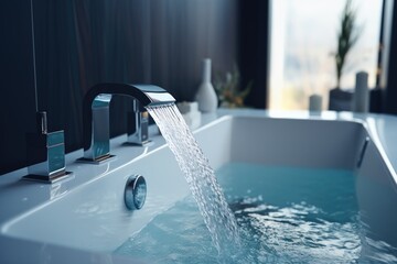 Elegant modern faucet with water filling a white bathtub, contemporary bathroom design - Powered by Adobe