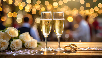 Na drewnianym stole stoją delikatne kieliszki z bąbelkującym szampanem