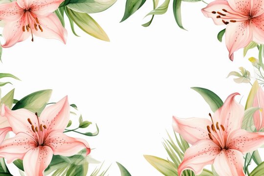 Beautiful lily flower wedding invitation. Frame of lilies. Watercolor illustration. Decorative item for Wallpaper, wrapping paper and backgrounds, postcards and wedding invitations