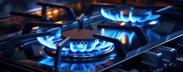 Detail view on kitchen gas cooker with blue flame on while cooking, banner panorama. Generative Ai.