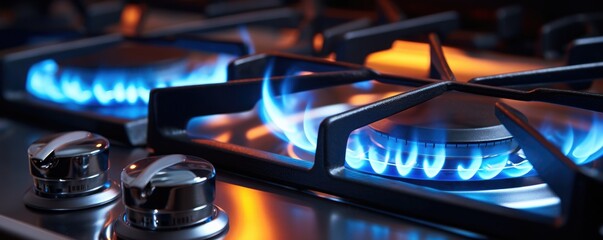 Detail view on kitchen gas cooker with blue flame on while cooking, banner panorama. Generative Ai.