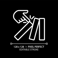 2D pixel perfect editable white tumbling dominoes icon, isolated vector, thin line illustration representing economic crisis.