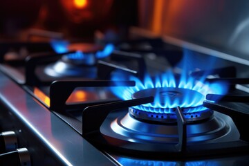 Detail view on gas cooker with blue flame on while cooking in the kitchen interior. Generative Ai.