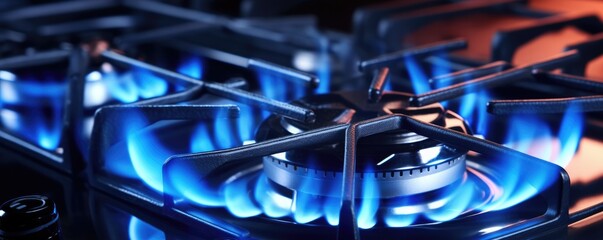 Detail view on kitchen gas cooker with blue flame on while cooking, banner panorama. Generative Ai.