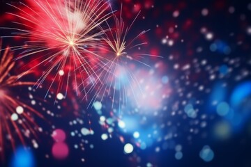 Fototapeta premium Colourful fireworks blue red salute new year 2024 night traditional culture bright light effects show illuminated winter celebrate december sky fire bang flash sparkle burst pyrotechnics atmospheric