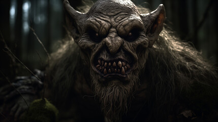 Fictional mythical evil troll creature in the forest