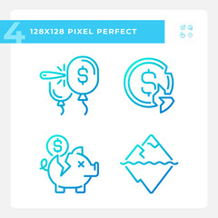 Pixel perfect gradient icons set representing economic crisis, thin line blue illustration.