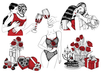 Vector set of 6 illustrations for Valentine's Day. Couple hugging, glasses of wine in hands, lovers, festive dinner, girl in lingerie, gifts