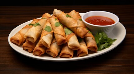 Delicious Asian Appetizer on a Brown Plate with Condiment generated by AI tool
