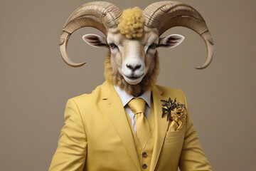 Fashionable portrait of a ram in a suit on a gray background.