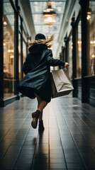 Blurred motion of woman walking and holding black paper shopping bag