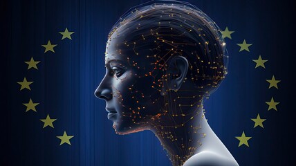 Futuristic Concept of AI Law in the European Union, Digital Human Profile with EU Stars
