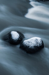 Close-up of Flowing Water over Icy Rock in Winter