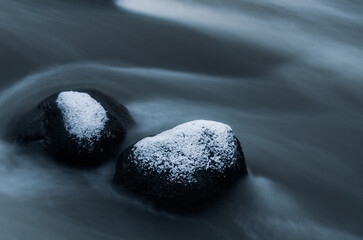 Close-up of Flowing Water over Icy Rock in Winter