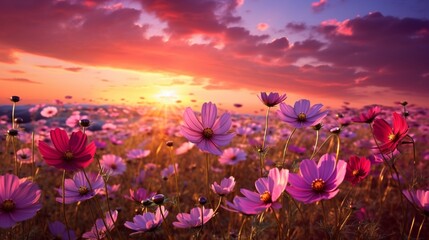 Fototapeta premium Tranquil Sunset over a Colorful Field of Blooming Flowers generated by AI tool