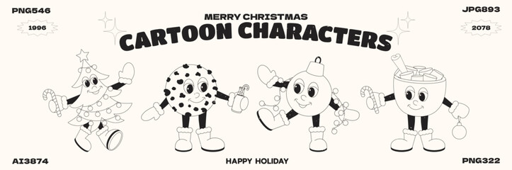 Christmas cartoon characters 90s poster.Christmas tree, cookie, ball, hot cocoa funny colorful set characters in doodle style with gloved hands. Vector groovy illustration with typography