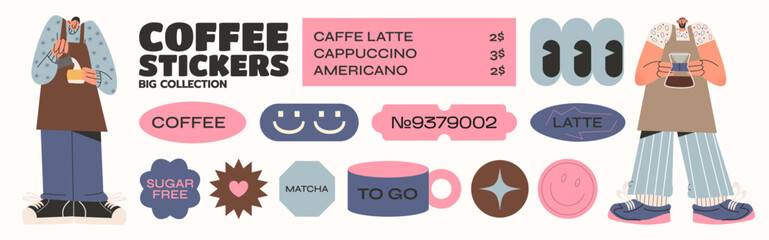 Coffee stickers and barista characters. Arabica coffee glass,espresso,cappuccino,coffee beans.Graphic paper minimalist retro icons.Coffee shop workers brewing coffee - obrazy, fototapety, plakaty