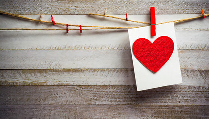 Red hearts hanging on a clothesline