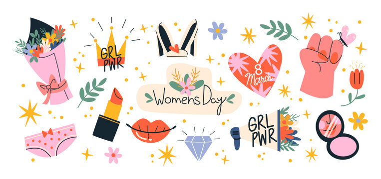 Set cartoon feminist stickers for March 8, International Women's Day. Stickers for the spring holiday, a bouquet of flowers, lipstick, girls power. Vector set